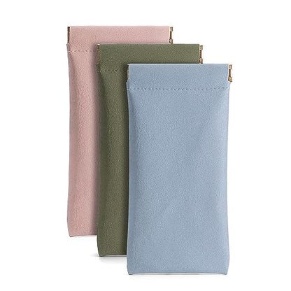 3 Pack Leather Eyeglasses Cases PU Soft Sunglasses Pouch Squeeze Top Portable Glasses Cases for Men Women - color: Pink Blue Green
