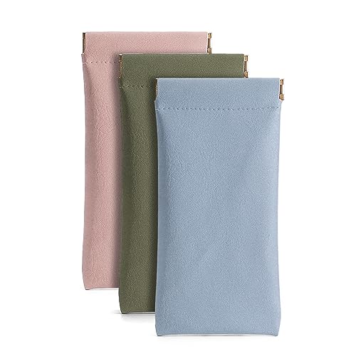 3 Pack Leather Eyeglasses Cases PU Soft Sunglasses Pouch Squeeze Top Portable Glasses Cases for Men Women - color: Pink Blue Green