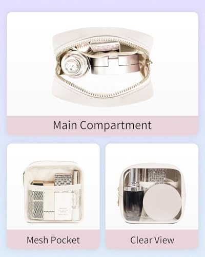 Wandering Nature Clear Makeup Bag for Purse Mini Make up Bag Cute Cosmetic Pouch for Women with Slip-in Pockets Travel Toiletry Essentials Vegan Leather Organizer Pouch,Patent Pending - color: White