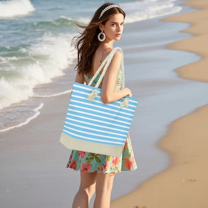 Fokongna Tote Bag For Women, Beach Bag Best Friend Travel Birthday Gifts, Travel Parties Vacation Shopping Essentials - color: Blue White Stripes