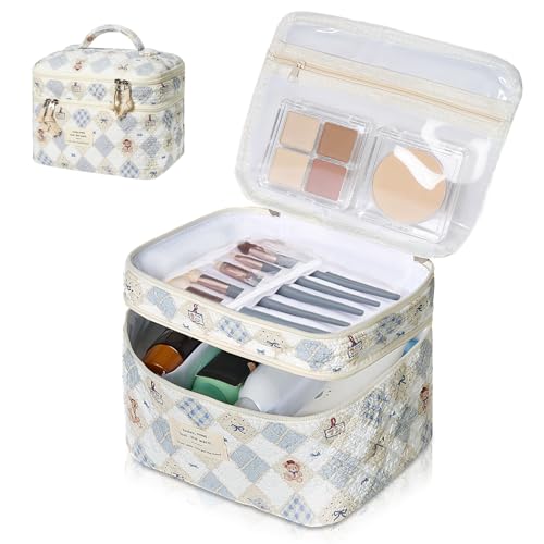 Gosect Makeup Bag, Portable Travel Make up Bag, Large Capacity Quilted Cosmetic Organizer Bag, Cute Floral Toiletry Bag for Women Girls (Bear Pattern) - color: Flower Pattern