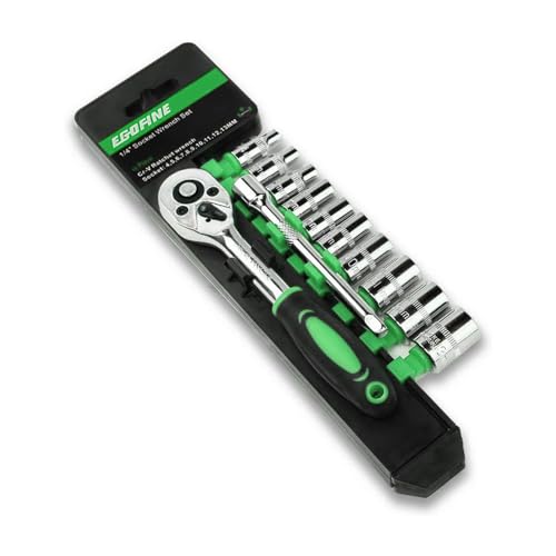 Egofine 12pcs 1/4 Inch Mini Ratchet Socket Wrench Set, Drive Socket Set with 10 Sockets (4-13mm) and 2 Way Quick Released Ratchet Handle and Extension Bar, Green - size: 1/4, style: 12PC Green Standard Socket Set