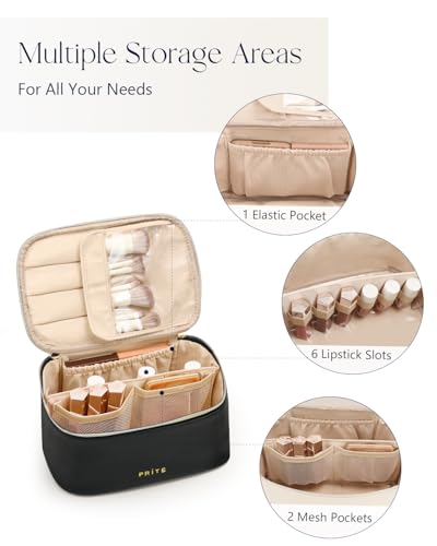 Prite Makeup Bag, Large Capacity Cosmetic Bag for Women and Girls, Waterproof PU Leather Travel Makeup Case, Toiletry Organizer with Handle and Divider for Skincare and Brushes - Black - color: Black