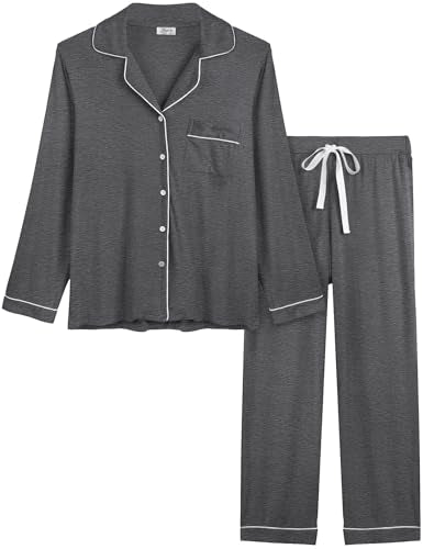 Cherrydew Women Bamboo Viscose Pajama Sets Super Soft Comfy Breathable Cooling Sleepwear Long Sleeve Button Down Loungewear - color: Charcoal, size: X-Large