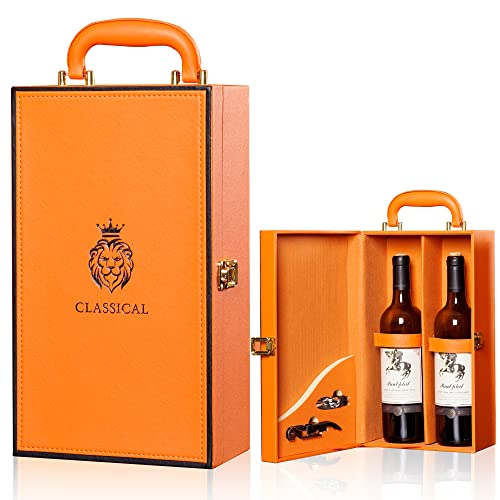 Wine Box with 2 Bottle Leatherette Top Handle Premium Wine Carrier Case Orange