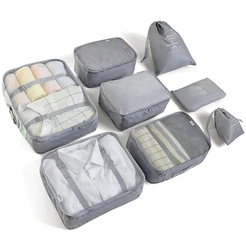 LANSKLBD 8 Set Packing Cubes for Suitcases Travel Luggage Packing Organizers,Travel Essentials Accessories Luggage Organizer with Shoe Bag Tioletry/Laundry Bag（Grey） - color: Grey, size: 8 set
