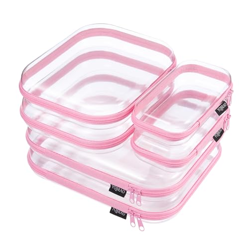 YQBRAO 6 Pack Soft Pink Clear Hard Shell Zipper Case, 1.2mm Crush-Proof Makeup Bag & Skincare Organizer, Heavy Duty Travel Pouches for Toiletries, Art Supplies & Daily Carry (2L+2M+2S) - color: Pink, size: 6 Pack (2L+2M+2S)