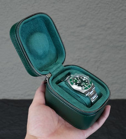 Watch Travel Box, Real Genuine Leather Single Watch Roll Case for Man and Women Watch Packing Storage Organizer with Suede to Protection Zipper Fit All Watches Up to 60mm (1W-Z-GRR) - color: 1W-Z-GRR