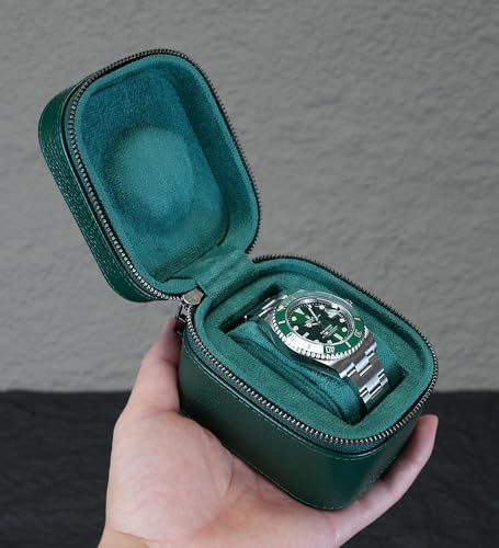 Watch Travel Box, Real Genuine Leather Single Watch Roll Case for Man and Women Watch Packing Storage Organizer with Suede to Protection Zipper Fit All Watches Up to 60mm (1W-Z-GRR) - color: 1W-Z-GRR