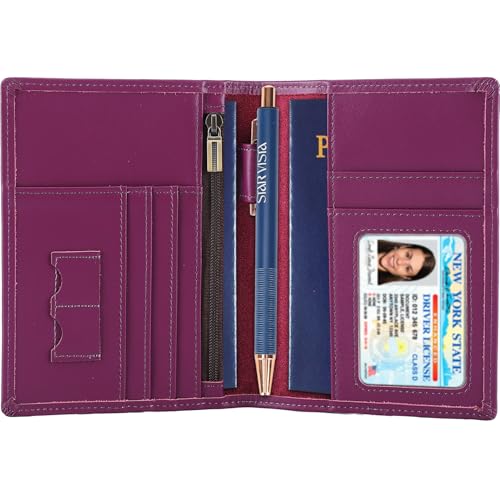 STAR VISTA Phoenix Leather Passport Holder, Calfskin Travel Wallet - RFID Blocking, ID Window, Zipper Pocket, Pen & Notebook Included, Violet - color: Violet Calfskin