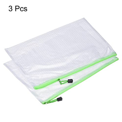 MECCANIXITY Mesh Zipper Bags, A3 Size Plastic Zip File Pouch Document Folders for Home Office Travel, Green Pack of 3 - color: Green
