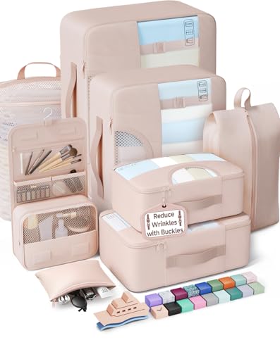 Veken 8 Set Packing Cubes for Cruise Ship Essentials,Beach Vacation Travel Accessories with Hanging Toiletry Bag,Suitcase Organizer for Luggage,Personalized Birthday & Retirement Gifts for Women Mom - color: 02 Cream