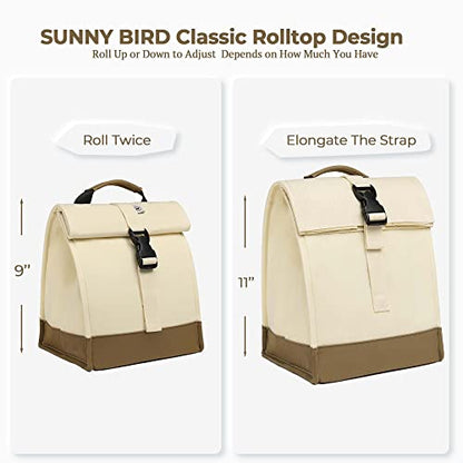 SUNNY BIRD Insulated Lunch Bag Rolltop Lunch Box Medium Lunch Cooler Tote for Women, Girls, Teens and Adults (White) - color: White