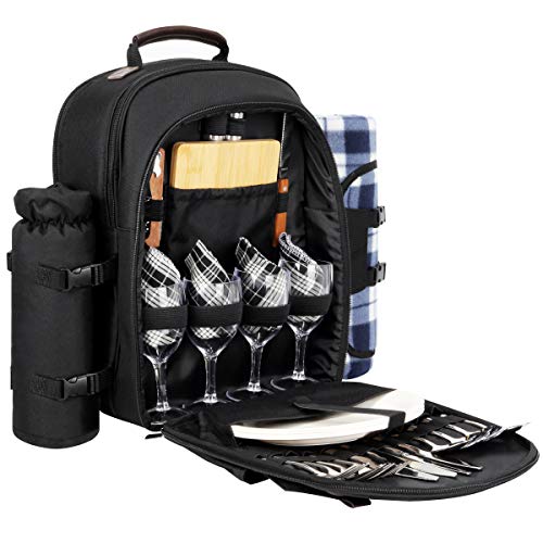 Sunflora Picnic Backpack for 4 Person Set Pack with Insulated Waterproof Pouch for Family Outdoor Camping (Black) - color: Black, size: 4 person