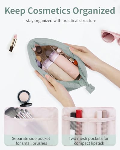 Narwey Travel Makeup Bag for Women Girl, Puffer Makeup Up Organizer Bag Cosmetic Bag, Puffy Cute Makeup Pouch Purse, Travel Toiletry Bag (Sage Green) - color: Green