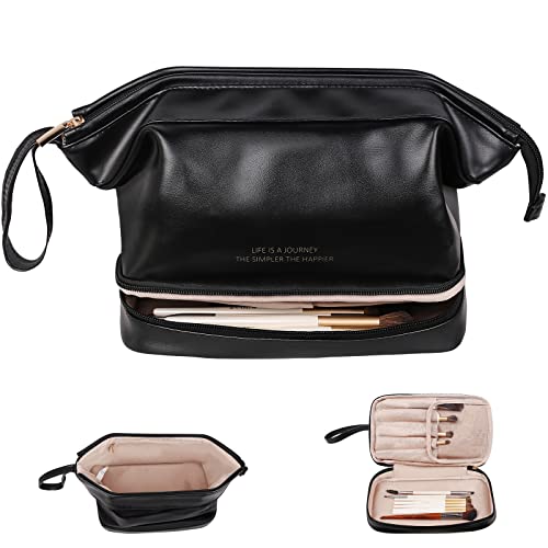 Abiudeng Large Capacity Makeup Bag Ladies Cosmetic Bag Travel Bag with Compartments Portable PU Leather Travel Makeup Bag with Handle - color: Black