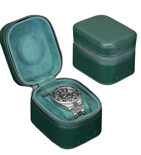 Watch Travel Box, Real Genuine Leather Single Watch Roll Case for Man and Women Watch Packing Storage Organizer with Suede to Protection Zipper Fit All Watches Up to 60mm (1W-Z-GRR) - color: 1W-Z-GRR