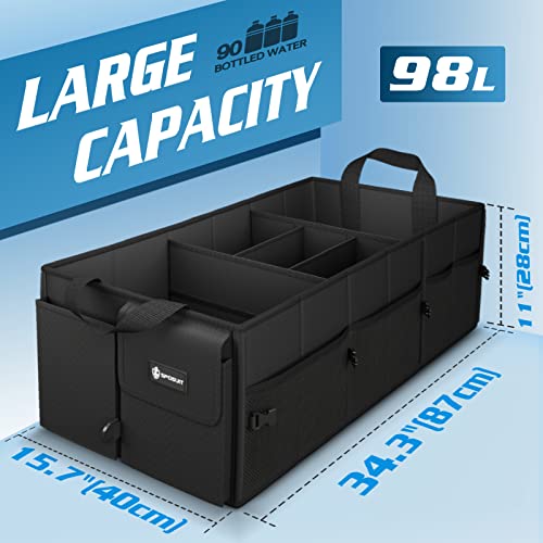 Sposuit Trunk Organizer with Insulated Leakproof Cooler Bag, 98L Collapsible Car Storage Large Trunk Organizer for Car SUV Van with Removable Dividers & Adjustable Securing Straps - color: Black, size: XX-Large with Cooler