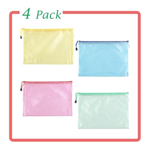 4 Pack Mesh Zipper Pouch, A4 Letter Document File Mesh Bags with Zipper, Waterproof Zipper Bags for Travel Storage, School Office Appliances and Home