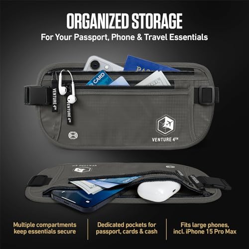 VENTURE 4TH Money Belt for Travel – Slim Hidden Under-Clothes RFID Blocking Anti-Theft Passport Holder & Travel Wallet Pouch for Men & Women to Protect Cash, Cards & Documents (Gray) - color: Ash Gray