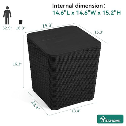 YITAHOME Outdoor Coffee Table with Extra Storage 11.5 Gallon Resin Rattan Side Table for Patio Decor,Cushions(Black) | Extra Storage