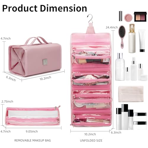 ROYALFAIR Roll Up Makeup Bag, Travel Toiletry Bag for Women with 4 Clear TSA Approved Pouches, Hanging Travel Organizer, Folding Cosmetic Bag for Men and Women - color: pink