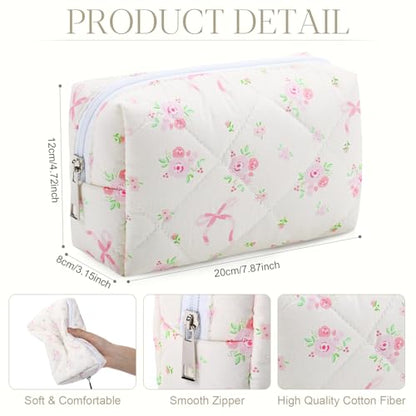Paterr 20 Pcs Cotton Quilted Makeup Bag Bulk Coquette Cosmetics Bag Flower Aesthetic Essential Pouch Emergency Travel Toiletry Cotton Pouch Gifts for Women(Pink Bow) - style: Pink Bow