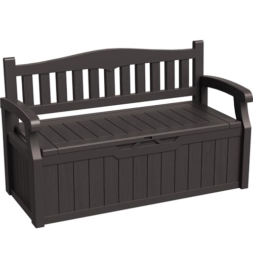 Greesum 80 Gallon Storage Bench Outdoor Deck Box with Armrest, Patio Furniture,Lockable, Waterproof and UV Resistant, Suitable for Garden, Pool, Brown - color: Brown, style: 80 Gallon