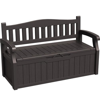 Greesum 80 Gallon Storage Bench Outdoor Deck Box with Armrest, Patio Furniture,Lockable, Waterproof and UV Resistant, Suitable for Garden, Pool, Brown - color: Brown, style: 80 Gallon