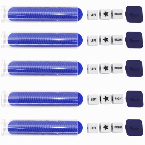 Ahoper Right Left Center Dice Game Prime Set Bundle with 3 Dices + 30 Chips. Round Tube Storage is Very Convenient for Travel. Easy to Store, Carry Around. (Blue 5 Pack) - color: Blue 5 Pack