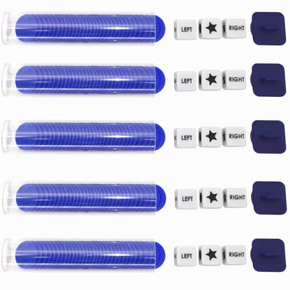Ahoper Right Left Center Dice Game Prime Set Bundle with 3 Dices + 30 Chips. Round Tube Storage is Very Convenient for Travel. Easy to Store, Carry Around. (Blue 5 Pack) - color: Blue 5 Pack
