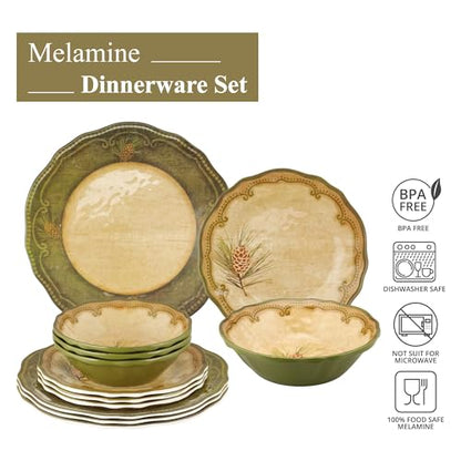 UPware 12 Piece Woodland Pinecone Melamine Dinnerware Sets, Outdoor Dishes Set, Plates and Bowls Sets, Service for 4, Dark Green - color: Woodland Pinecone