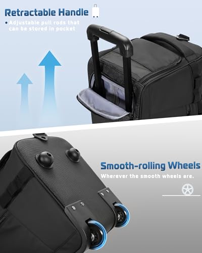 Smasrob 33L Rolling Duffle Bag with Wheels, Shoe Compartment and Wet Pocket, 21” Carry On Bag with Crossbody Strap, Black