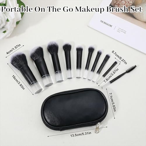 10 Pcs Mini Travel Makeup Brushes Set with Pouch, Short Handle Makeup Brushes for Women Girls Portable Full Complete Function Cosmetic Kit Brush Blush Powder Eye Shadow Black - color: Black