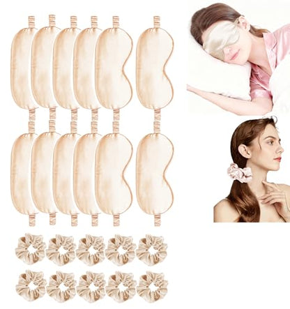 24Pcs Satin Eye Mask Silk Sleep Masks Silky Eyes Cover Blackout Blindfold Eyeshade Scrunchies Hair Ties Travel Wedding Gift - color: Pale Champagne