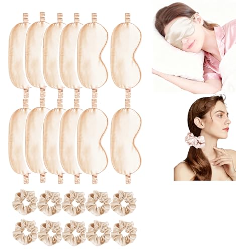 24Pcs Satin Eye Mask Silk Sleep Masks Silky Eyes Cover Blackout Blindfold Eyeshade Scrunchies Hair Ties Travel Wedding Gift - color: Pale Champagne