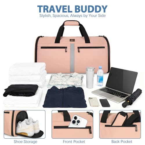 Garment Bags for Travel,50L Carry on Convertible Garment Duffle bag with Shoulder Strap,3 in 1 Hanging Suit Travel Bag with Shoulder Strap - color: Pink