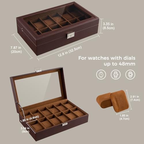 ProCase 12 Slot Watch Case Box for Men, PU leather Man Watch Organizer with Soft Pillow, Lockable Watch Collection Storage Holder with Glass Display Lid, Fathers Day Gift for Dad -Espresso - color: Espresso, size: 12-Slot