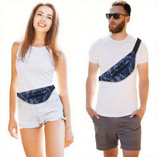 MAXTOP Large Crossbody Fanny Pack with 4-Zipper Pockets,Gifts for Enjoy Sports Festival Workout Traveling Running Casual Hands-Free Wallets Waist Pack Phone Bag Carrying All Phones - color: Camo Gray Blue, style: Large Fanny Pack(4 Zipper Pockets)