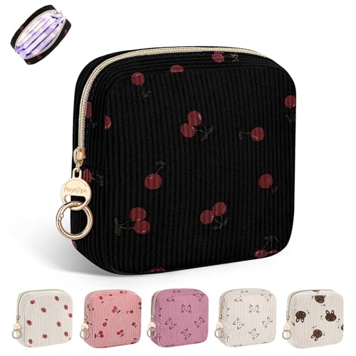 Period Bag for Teen Girls, Corduroy Cherrys Sanitary Napkin Storage Bag, Cute Menstrual Pad Pouch Tampon Holder for Purse (Cherry-Black) - color: Cherry-Black