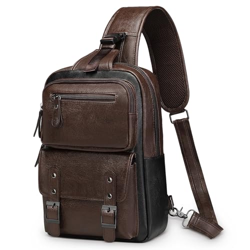 Vintage PU Leather Sling Backpack, Crossbody Shoulder Bag with Adjustable Strap, Multi-Pocket Compact Travel Chest Bag for Daily Use, Dark Brown - color: Dark Brown