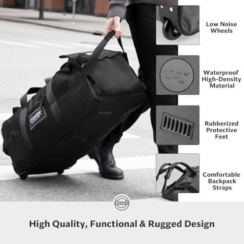 STOVER 45/80/100L Rolling Duffel Bag with Wheels, Large Durable Travel Duffle + Toiletry Bag, Heavy Duty, Packable, Foldable with Shoulder Straps- Use as Luggage or Backpack, Men/Women (Black) - color: Black