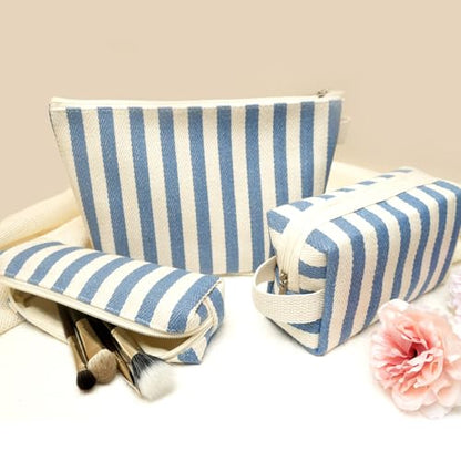 3 Pcs Makeup Bag Set Striped Canvas Purse Cosmetic Bag For Women Travel Toiletry Pouch Organizer pencil case (Blue-White) - color: Blue-White