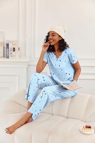 Ekouaer 2 Piece Womens Pajamas Short Sleeve Top and Long Pants Pjs Set Printed Sleepwear with Pocket - color: Blue Moon, size: Large