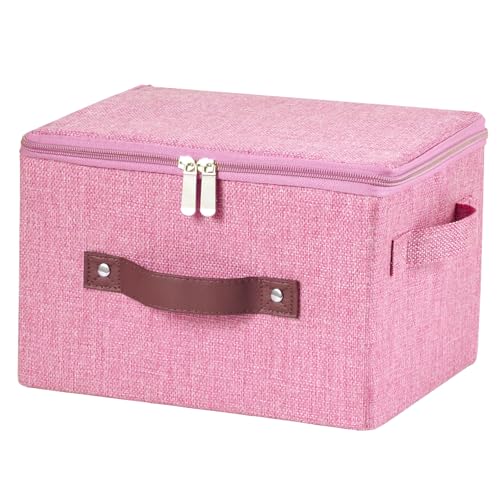Storage Bins with Zipper Lid Cotton Linen Fabric Lidded Storage Baskets Boxes Foldable Washable Closet Shelf Clothes Organizer Container with PU Leather Handles (Pink, Small) - color: Pink, size: Small ( Set of 1 )