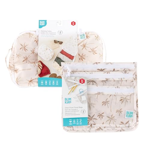 Bumkins Packing Cubes and TSA Approved Pouches for Travel Bag, Organize Luggage with Compression Bags, Essential Traveling Accessories to Pack Clothes, Toiletries Carry On Suitcase, 5-pc Palm Trees - color: A4 Palm Trees-set