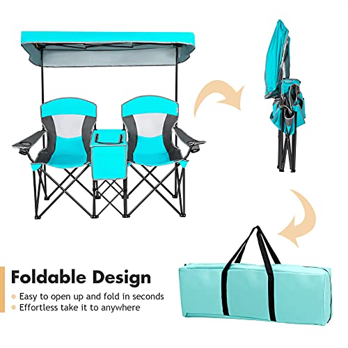 S AFSTAR Double Camping Chair w/Shade Canopy, 2-Person Folding Camp and Beach Chair with Mini Table Beverage Cup Holder Carrying Bag, Collapsible Camping Chairs for Garden Patio Pool Beach - color: Turquoise