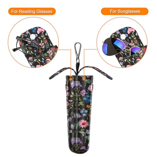 FINTIE Double Glasses Case with Carabiner Hook, Portable Vegan Leather Eyeglass Case Anti-scratch Sunglasses Pouch - color: Black Floral