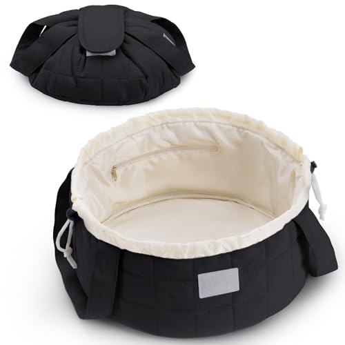 Narwey Lay Flat Open Drawstring Puffer Makeup Bag, Large Quilted Cosmetic Bag for Women Girls, Cute Make up Bags with Handle, Travel Toiletry Bag for Skincare, Brushes & Travel Essentials (Black) - color: B-Quilted Black