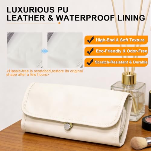 Folding Makeup Brush Bag,Travel Toiletry Bag with Separate Brush Compartment for Brushes & Skincare, Toothbrush Holder,Rollup & Open Flat cosmetic Organizer,Portable Waterproof &Hanging (white) - color: Cream white
